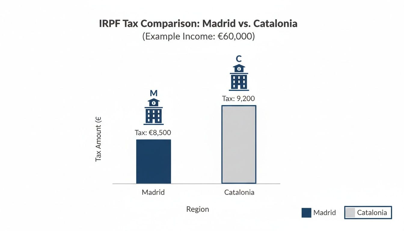 Bar chart comparing IRPF tax in Madrid (€8,500) vs. Catalonia (€9,200) for a €60,000 income.