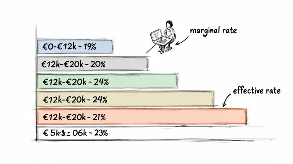 Bar chart illustrating income tax brackets with marginal and effective tax rates.