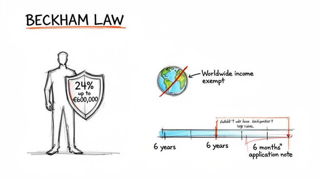 Illustration detailing the Beckham Law, showing tax rates, income exemption, and application timeline.