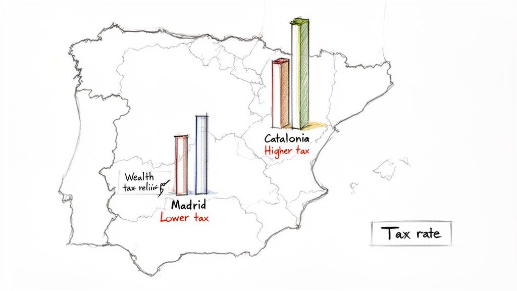 Sketch map of Spain illustrating tax rate differences between lower-tax Madrid and higher-tax Catalonia, including wealth tax relief.