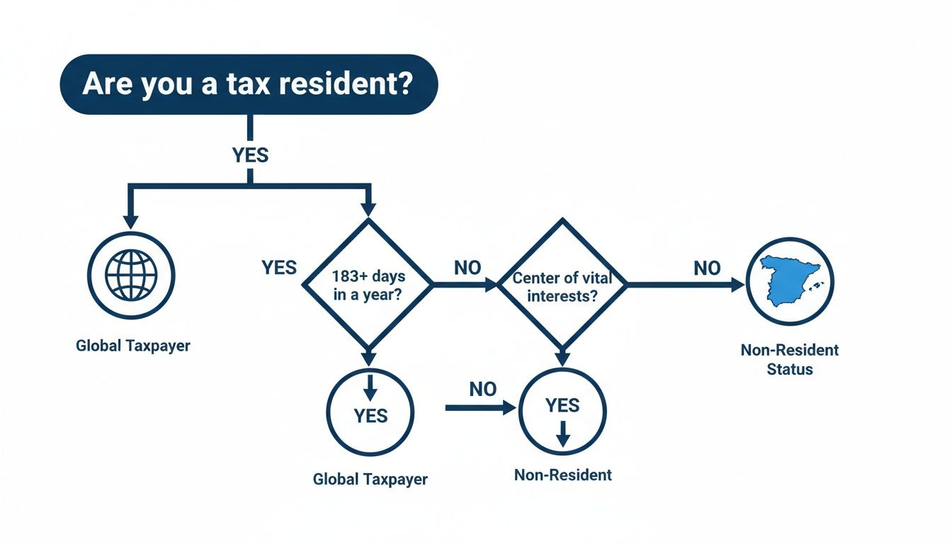 Flowchart explaining tax residency determination, including criteria like 183+ days in a year and center of vital interests.