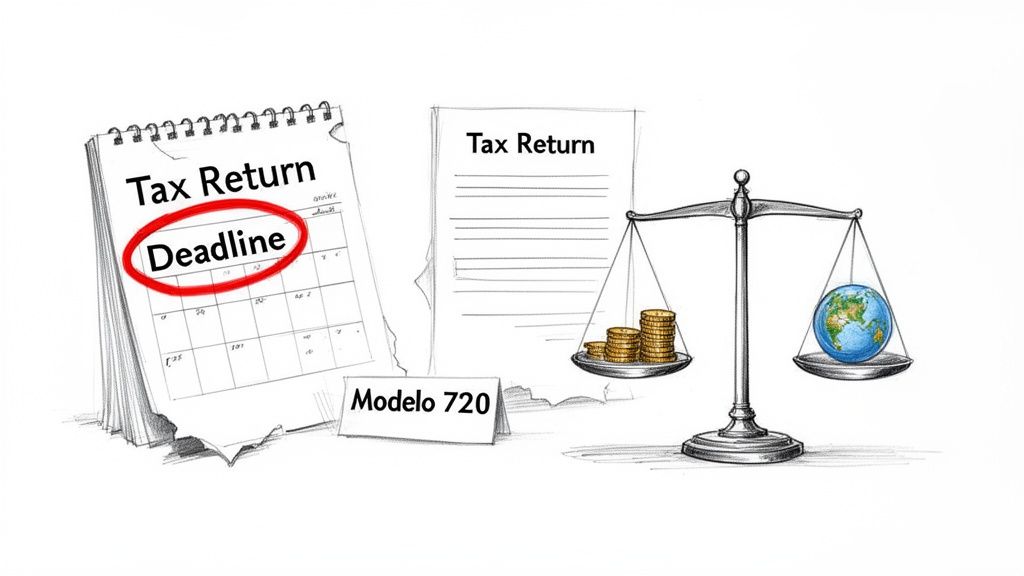 Illustration of a tax return deadline, Modelo 720 form, and a scale balancing money and the globe.