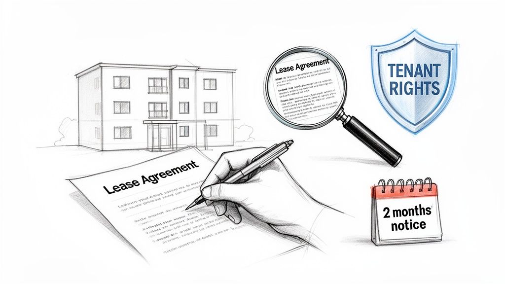 A drawing depicting elements of a lease agreement, tenant rights, and notice period for rental properties.