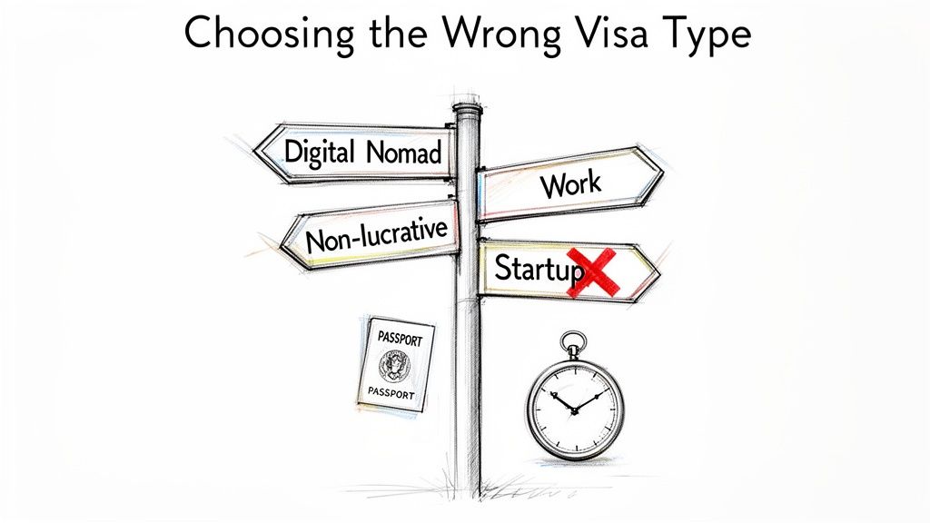 A signpost showing different visa types for Spain: Digital Nomad, Non-lucrative, Work, and a crossed-out Startup visa.