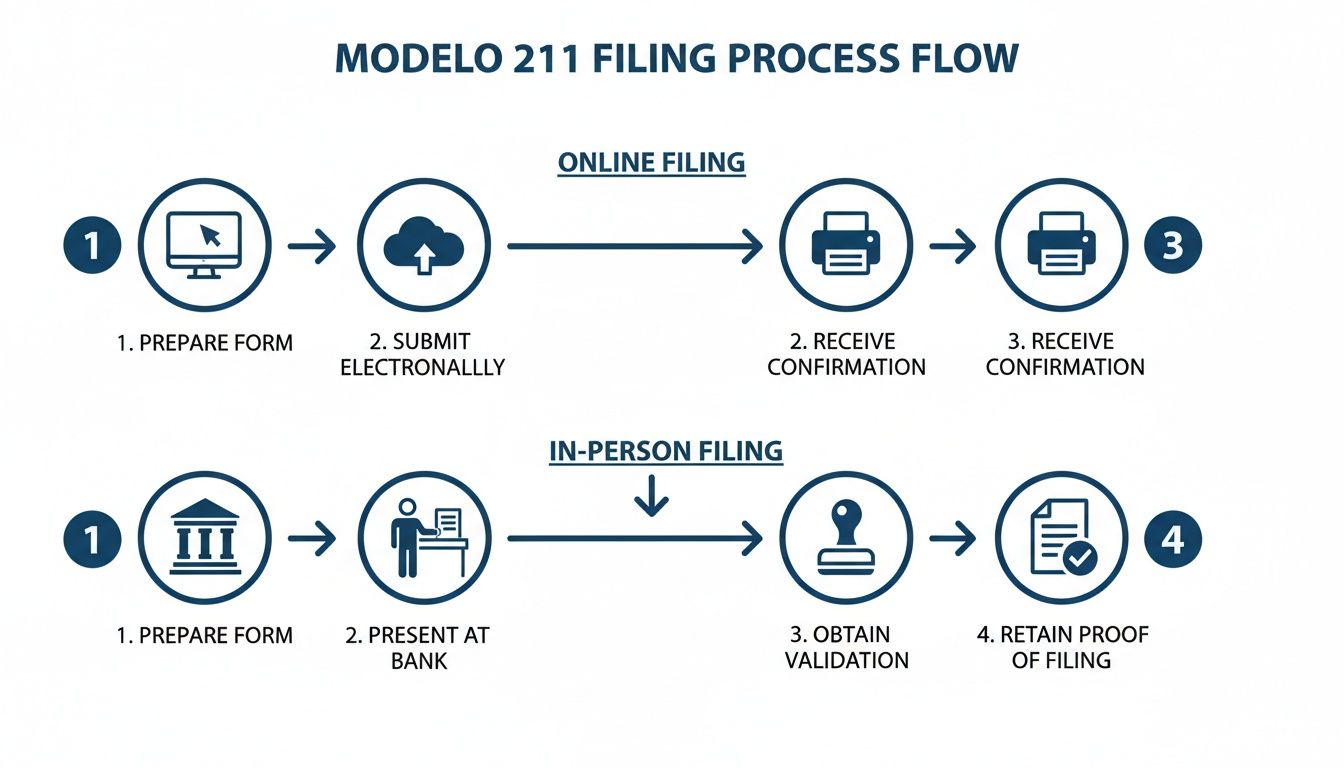 A detailed flowchart illustrating the Modelo 211 filing process, featuring both online and in-person submission steps.