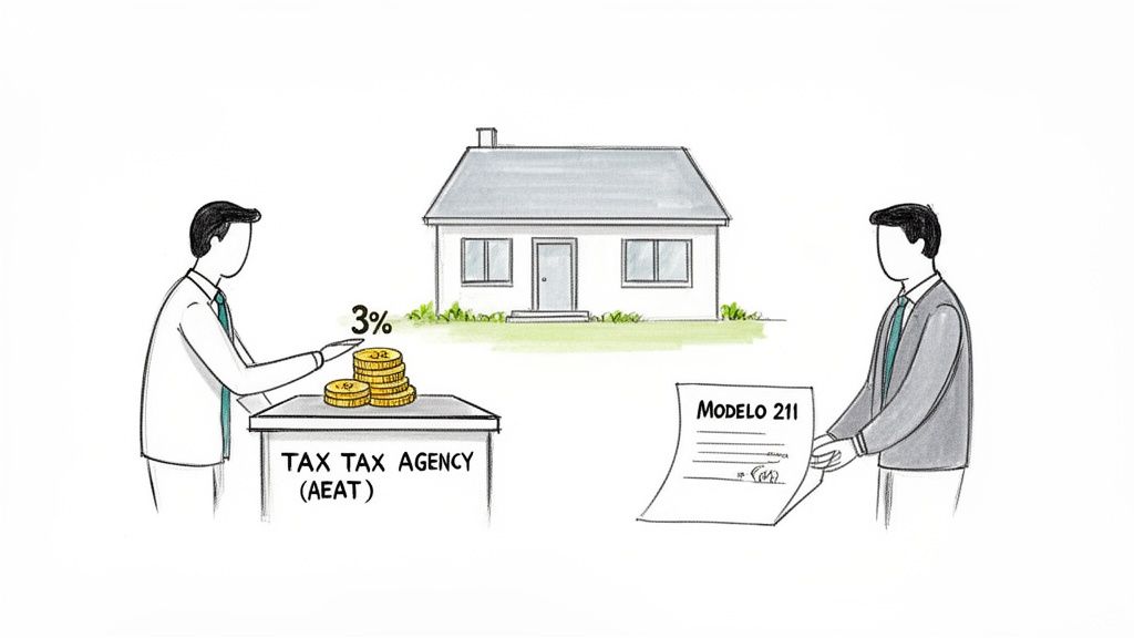 Illustration showing two men, a house, 3% tax, coins, and 'MODELO 211' document for AEAT.
