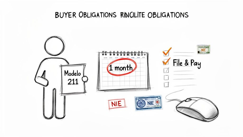 Illustration of buyer obligations: Modelo 211, a 1-month deadline, filing, payment, and NIE documents.