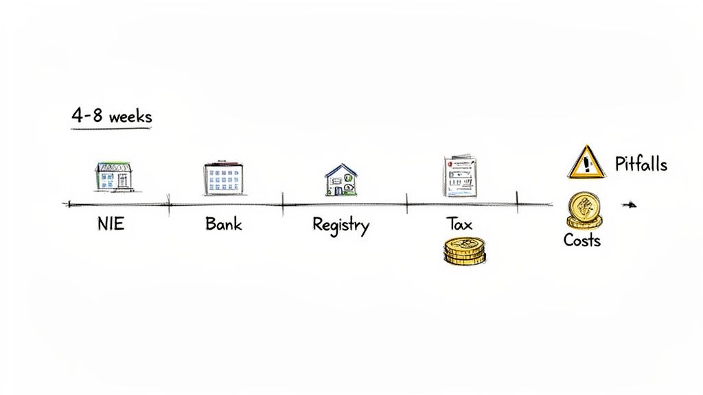A timeline illustrating a 4-8 week process: NIE, Bank, Registry, and Tax, followed by Costs and Pitfalls.