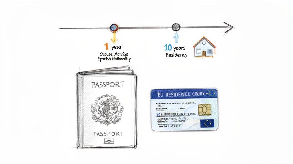 Timeline showing 1 year for Spanish nationality, 10 years for EU residency, a passport, and an EU residence card.