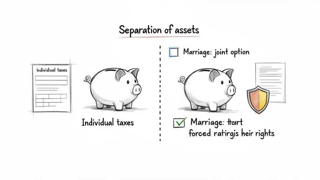Illustration depicting separation of assets, individual taxes, and marital asset options with piggy banks and documents.