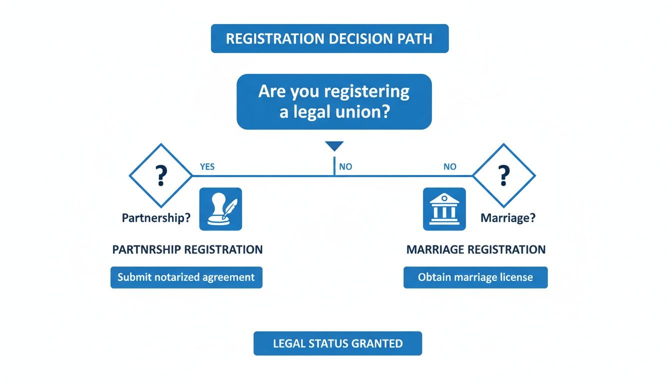 Flowchart illustrating the decision path for registering legal unions, either partnership or marriage.