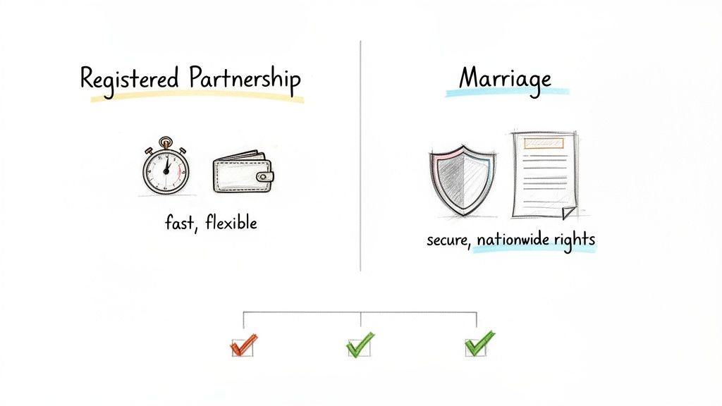 A comparison between registered partnership and marriage, detailing features like speed, flexibility, security, and nationwide rights.