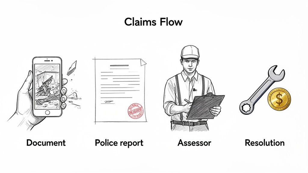 A diagram illustrating the claims flow process for insurance, showing steps from documenting damage to resolution.