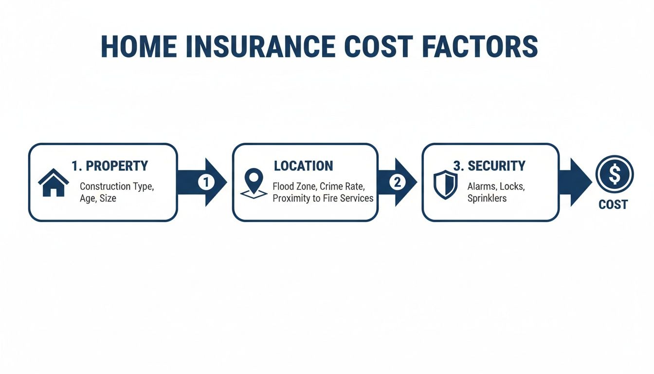 Flowchart illustrating home insurance cost factors including property type, age, size, location details, and security measures.