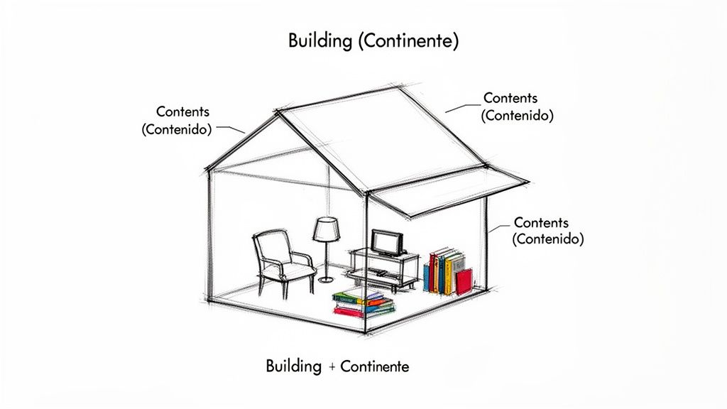 A line sketch of a house outline filled with furniture and books, illustrating a building and its contents.
