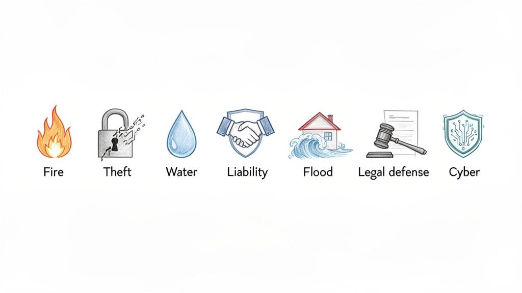 Illustrations of common insurance risks: fire, theft, water, liability, flood, legal defense, and cyber.