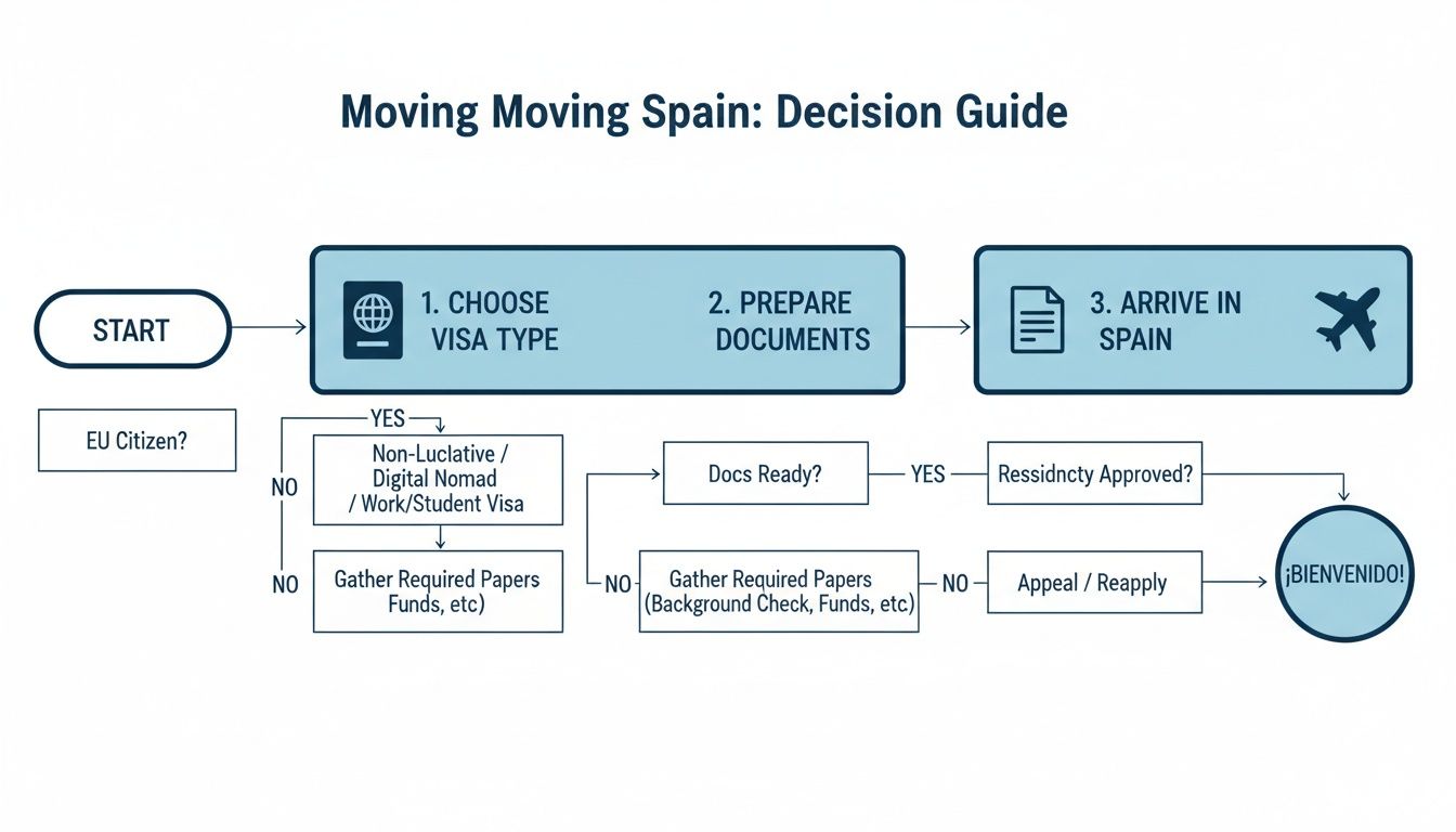 Flowchart guiding users through the process of moving to Spain, covering visa options, document preparation, and residency approval.