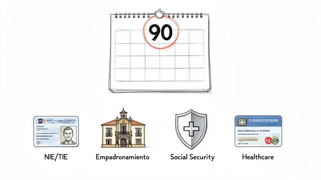 A calendar with '90' circled, illustrating a timeframe alongside essential Spanish relocation documents.