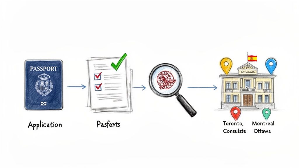 Infographic illustrating the visa application process, from passport and documents to consulate review and locations.
