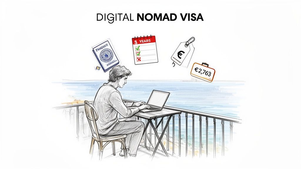 Illustration of a digital nomad working on a laptop on a balcony with the sea view, surrounded by digital nomad visa requirements.