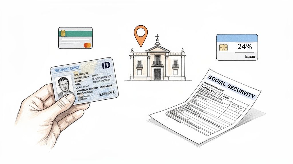 A hand holding an ID card, surrounded by a credit card, social security document, and a building.