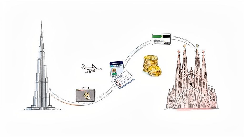Illustration depicting the journey from Burj Khalifa (UAE) to Sagrada Familia (Spain) with travel documents and money.