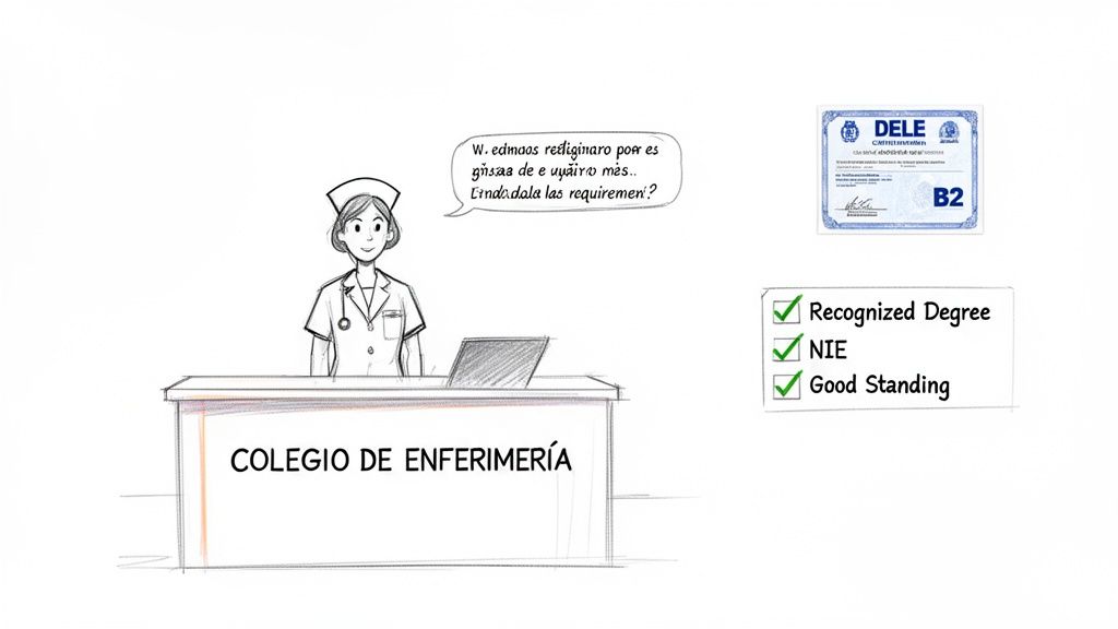 Ilustración sobre búsqueda de empleo y requisitos para enfermeras extranjeras en España.