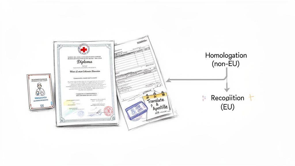 Comparativa visual entre reconocimiento profesional y vías de residencia para enfermeras extranjeras en España.