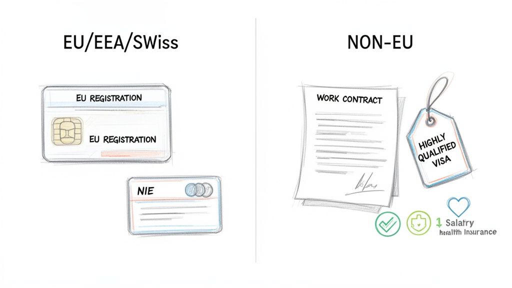 Resumen visual de requisitos profesionales y lingüísticos para ejercer la enfermería en España.