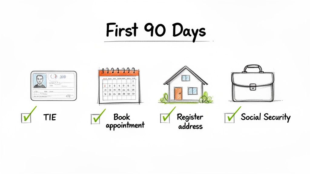 A checklist for the first 90 days after moving, including TIE, appointments, address registration, and social security.
