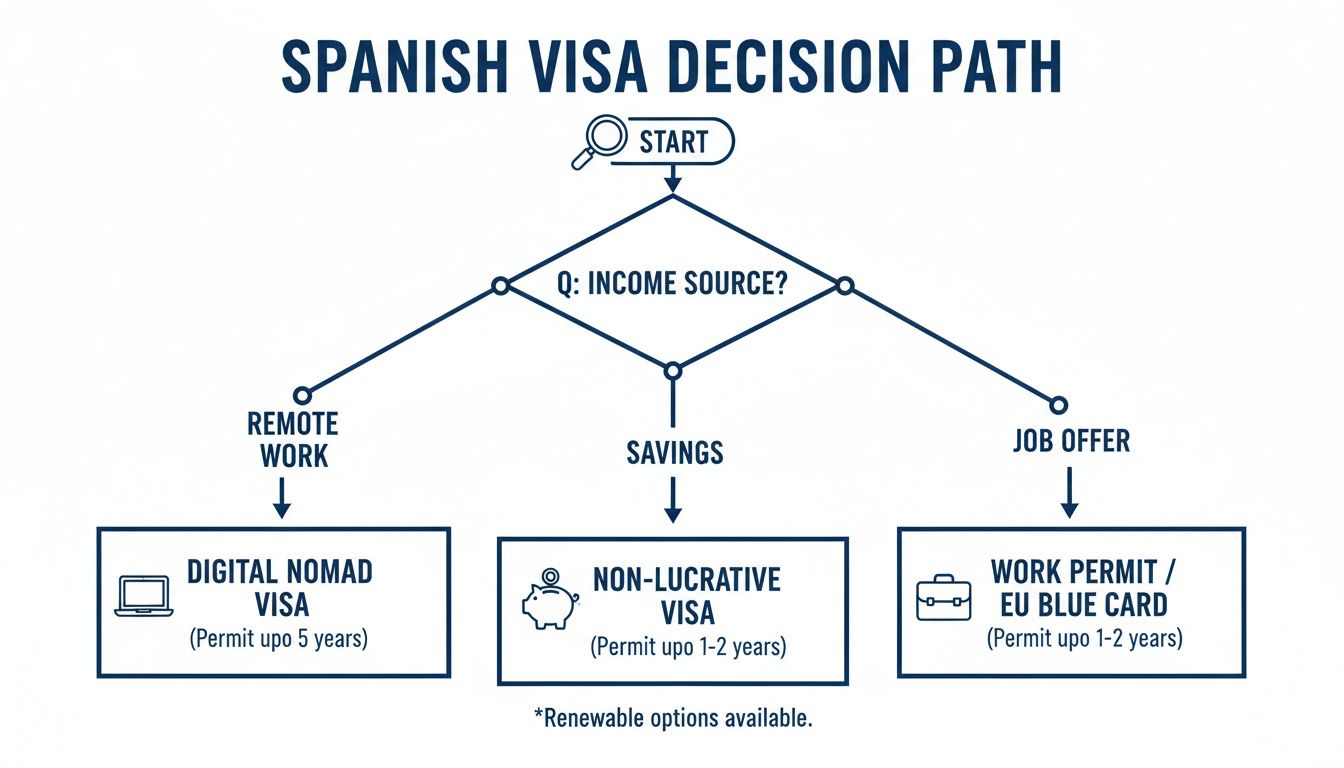 Flowchart illustrating Spanish visa decision paths based on income source like remote work or savings.