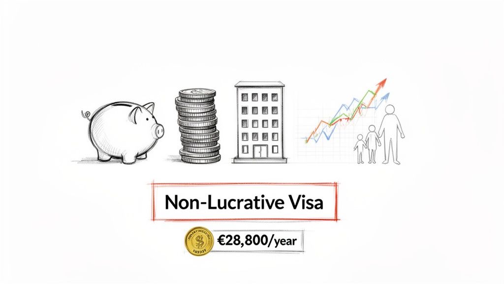Non-Lucrative Visa essentials: savings, home, family, and €28,800 annual income requirement.
