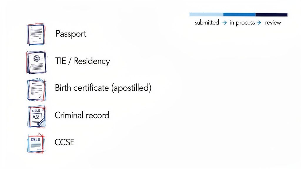 An infographic showing required documents like passport, birth certificate, and DELE for an application process, with progress stages.