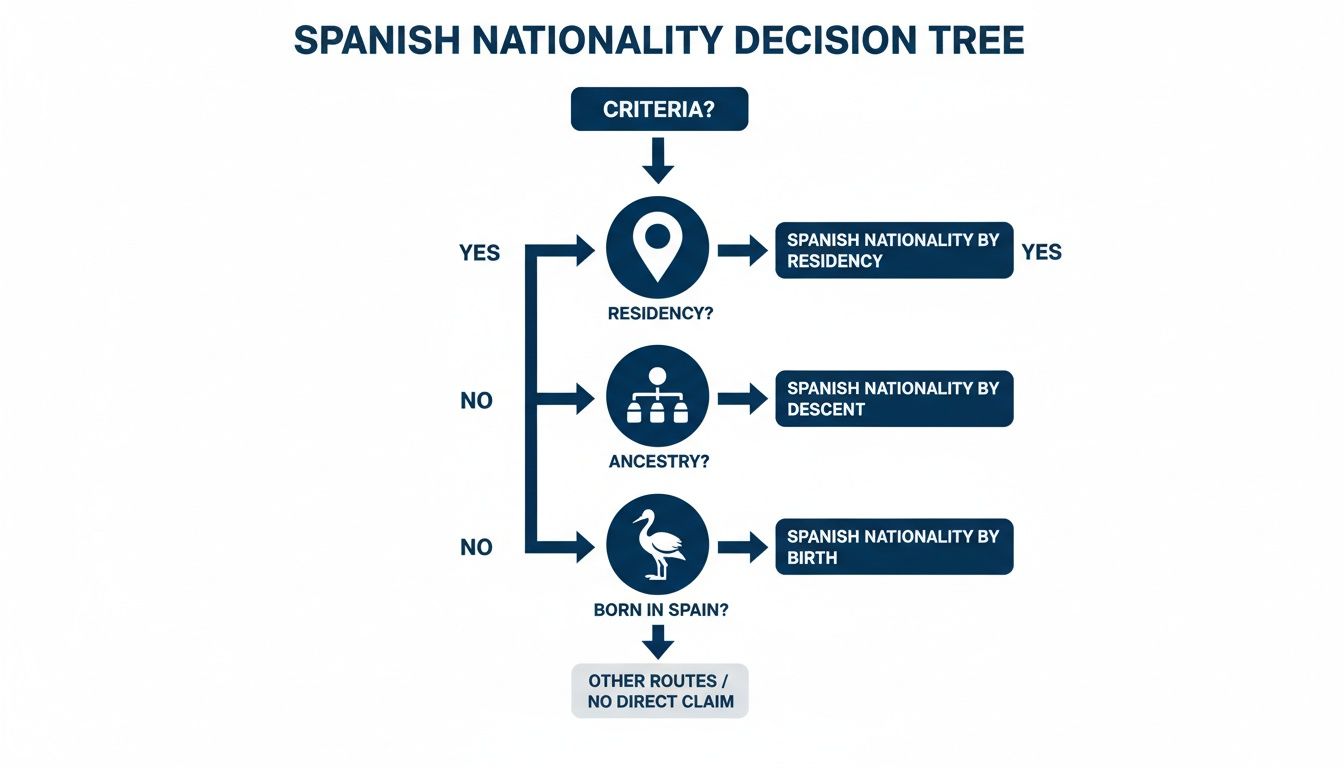 A decision tree flowchart illustrating the different routes to obtain Spanish nationality by residency, descent, or birth.