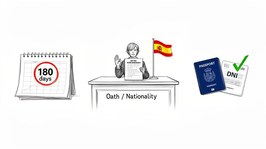 Illustration showing 180 days on a calendar, a person taking an oath for Spanish nationality, and a Spanish passport and DNI.