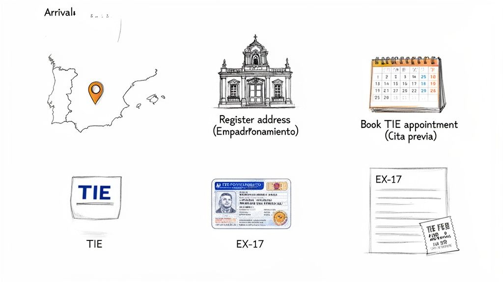 Visual guide outlining steps for obtaining a TIE card in Spain, from arrival to documentation.