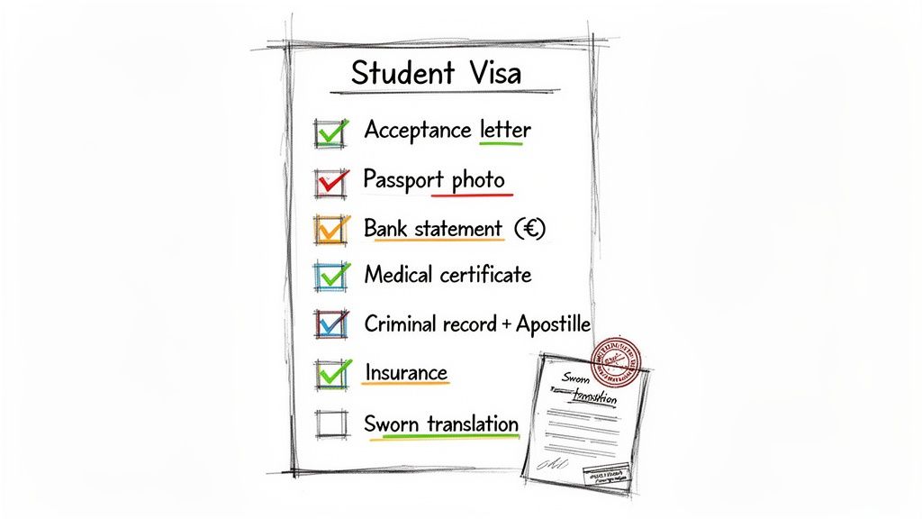 Student visa checklist with documents like acceptance letter, passport photo, bank statement, and sworn translation.