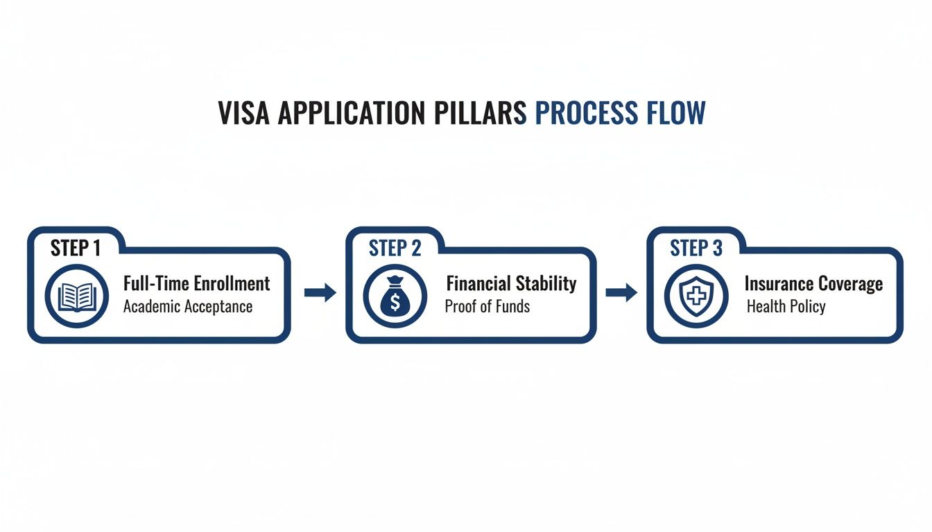 Visa application pillars process flow illustrating three steps: full-time enrollment, financial stability, and insurance coverage.
