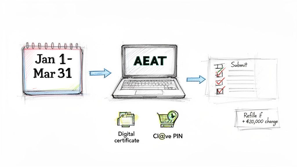 AEAT tax filing process diagram: January 1 to March 31 deadline, online submission with digital certificate or Cl@ve PIN.