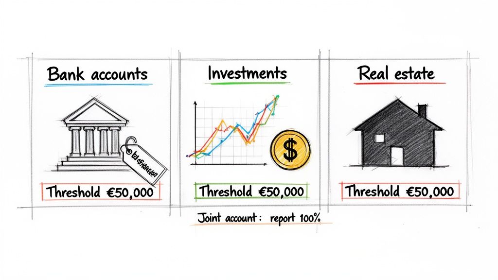An illustration categorizing assets into bank accounts, investments, and real estate, each with a €50,000 reporting threshold.