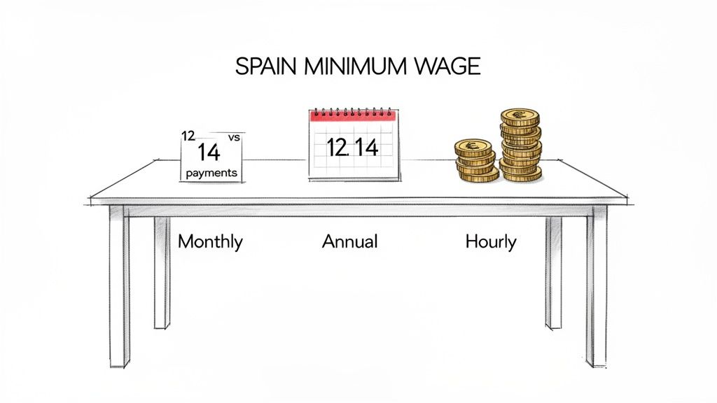 Illustration explaining Spain's minimum wage with monthly (12 vs 14 payments), annual, and hourly breakdowns.