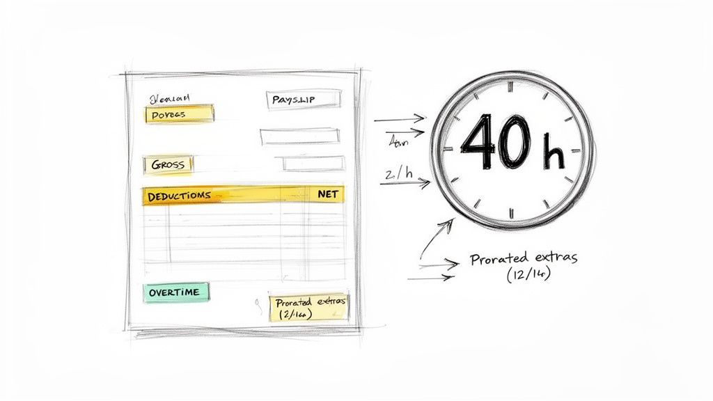 Hand-drawn diagram of a payslip showing gross, deductions, net, overtime, and prorated extras with 40 work hours.