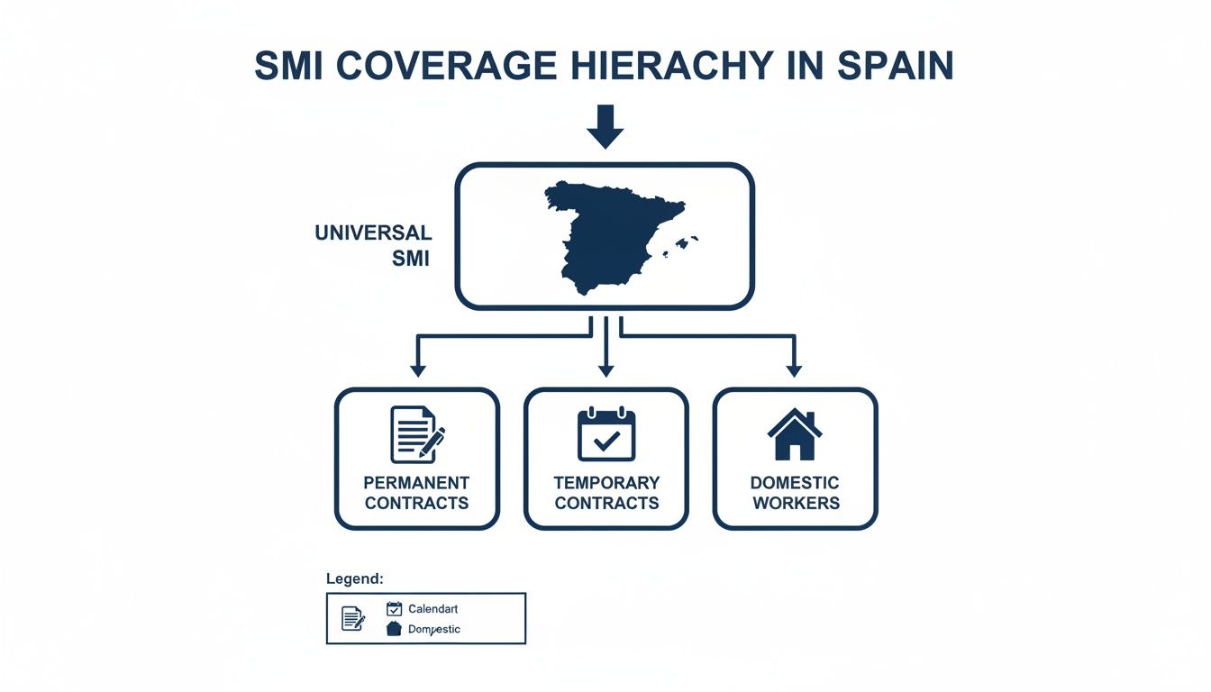 Diagrama que ilustra la cobertura jerárquica del SMI en España, incluidos contratos indefinidos, temporales y empleo doméstico.