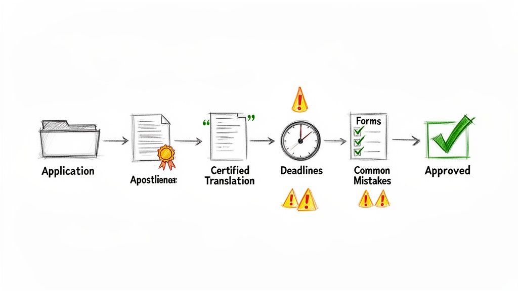 A flowchart outlining the application and approval process, including apostille, certified translation, deadlines, and common mistakes.