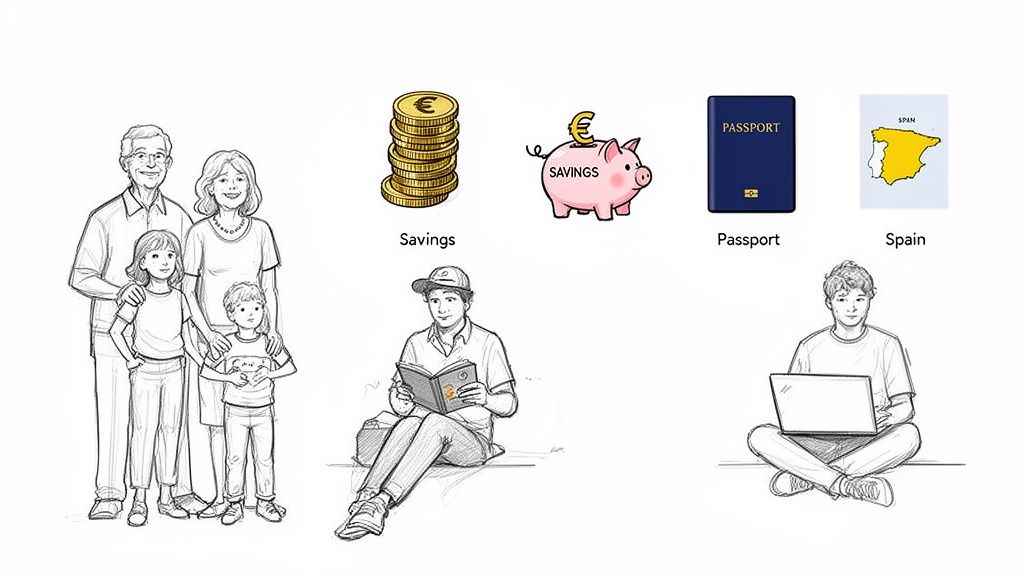 An illustration showing a family, savings, a passport, a map of Spain, and two men.