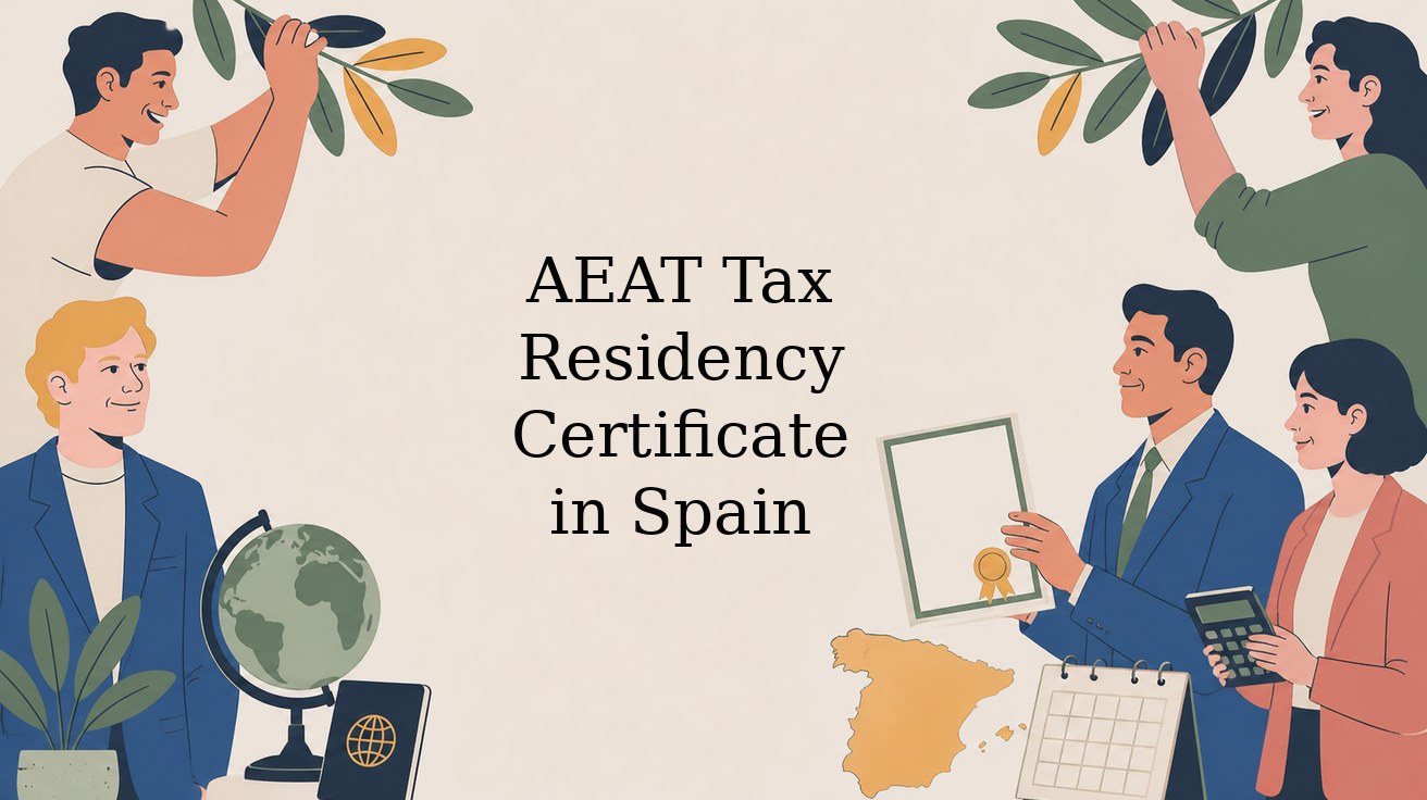 Illustrated header: AEAT Tax Residency Certificate in Spain