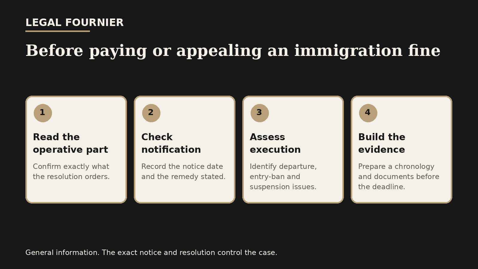 Checklist for reviewing a decision, notification, execution risk and evidence before paying or appealing an immigration fine
