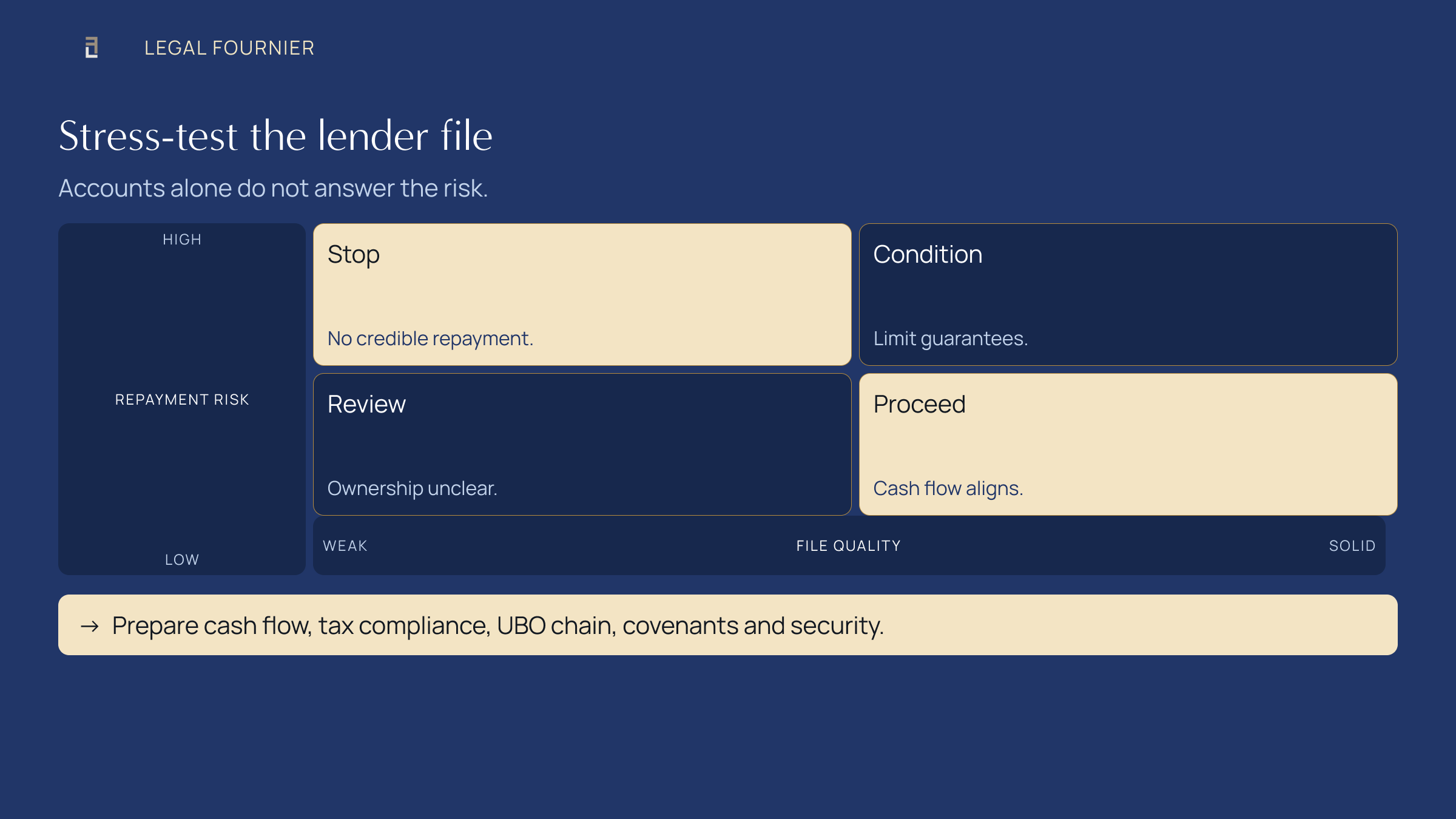 Lender risk matrix for repayment capacity, file quality, ownership and guarantees